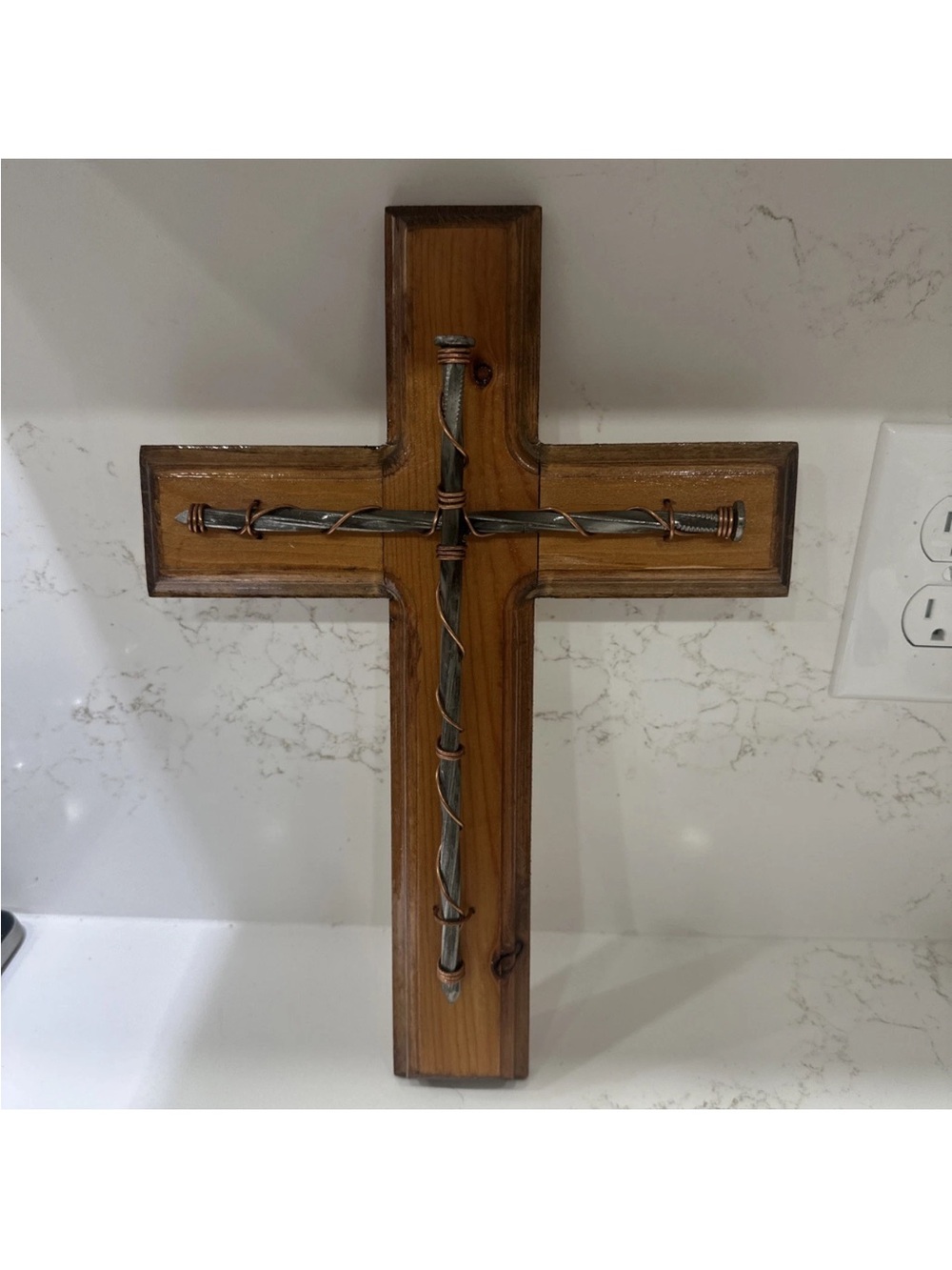 Wooden Cross Spike Nails Wire Polished Rough Wood Wall Hanging 14”x10” HANDMADE